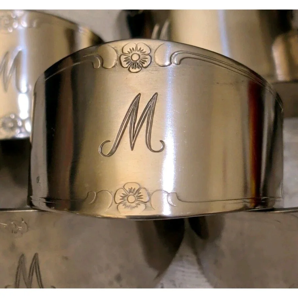 Vtg Customcraft Stainless Steel Engraved Floral Monogram M Napkin Rings Set of 8